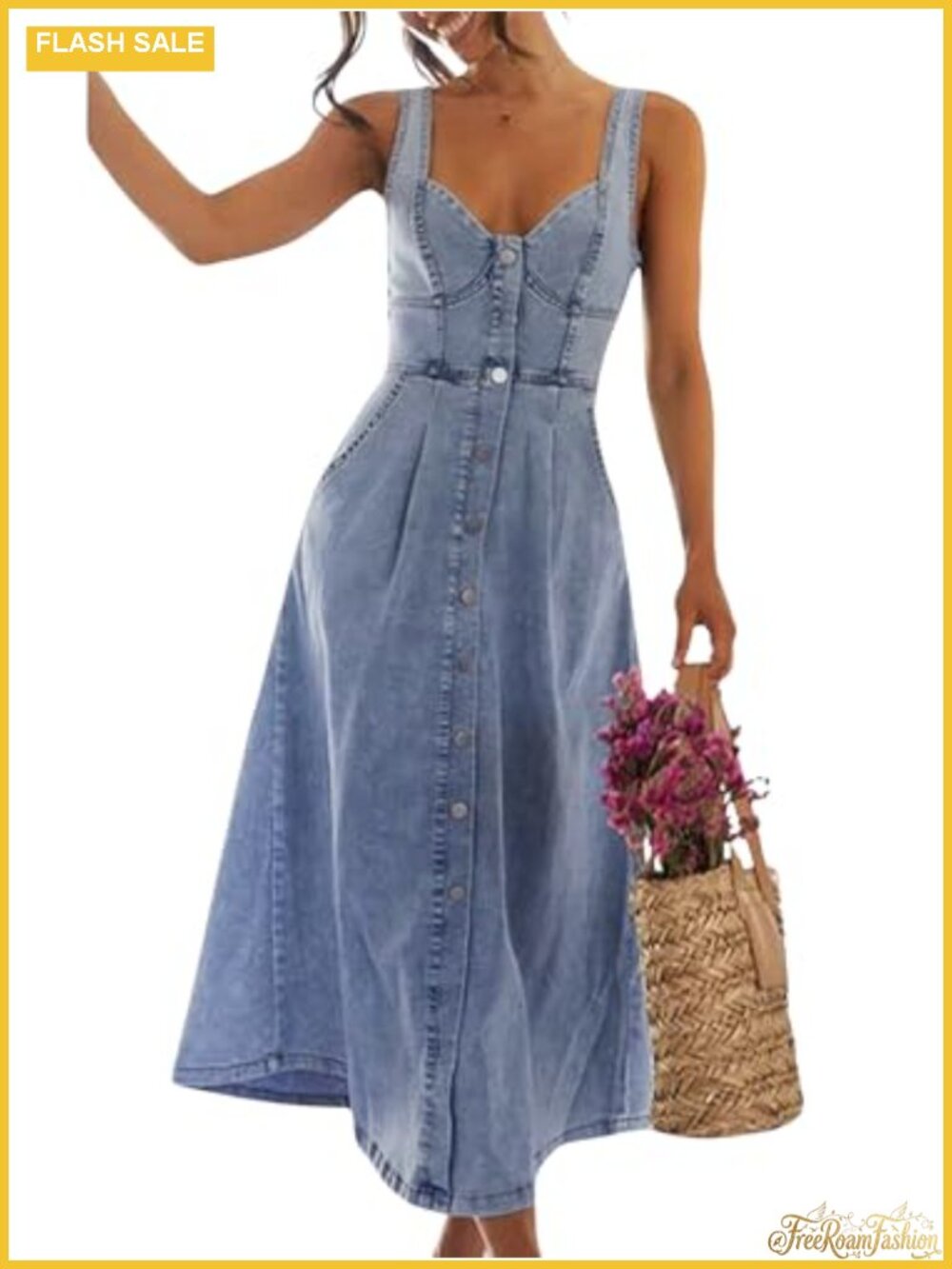 Sleeveless Button Down Denim Midi Dress with Pockets